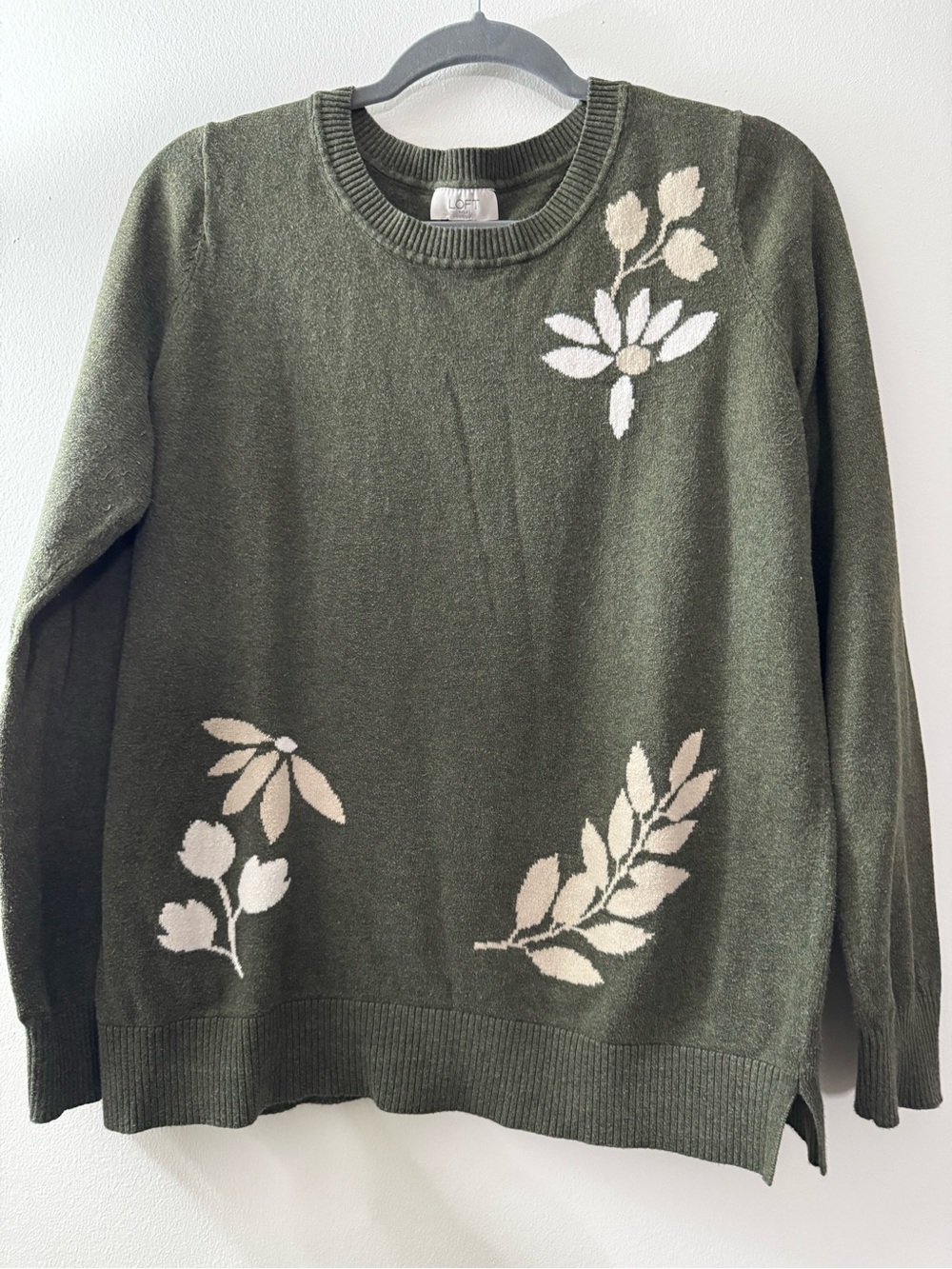Loft Olive Green Sweater Cream Leaves Sz M